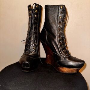 Alexander McQueen Black Leather Lace-Up Wedge Boots
